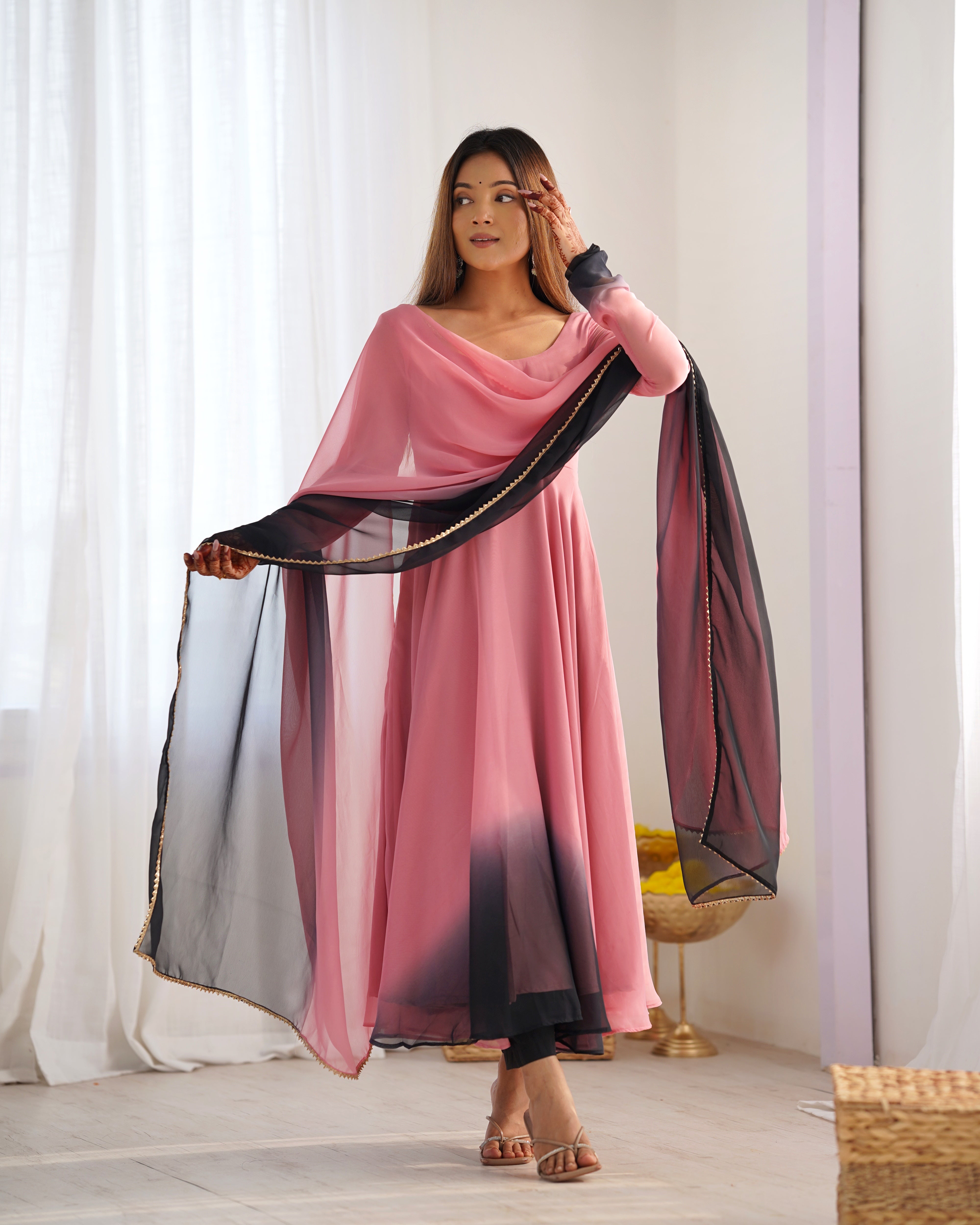 Luxuriant Peach And Black Color Heavy Pure Soft Faux Georgette Designer Anarkali Gown