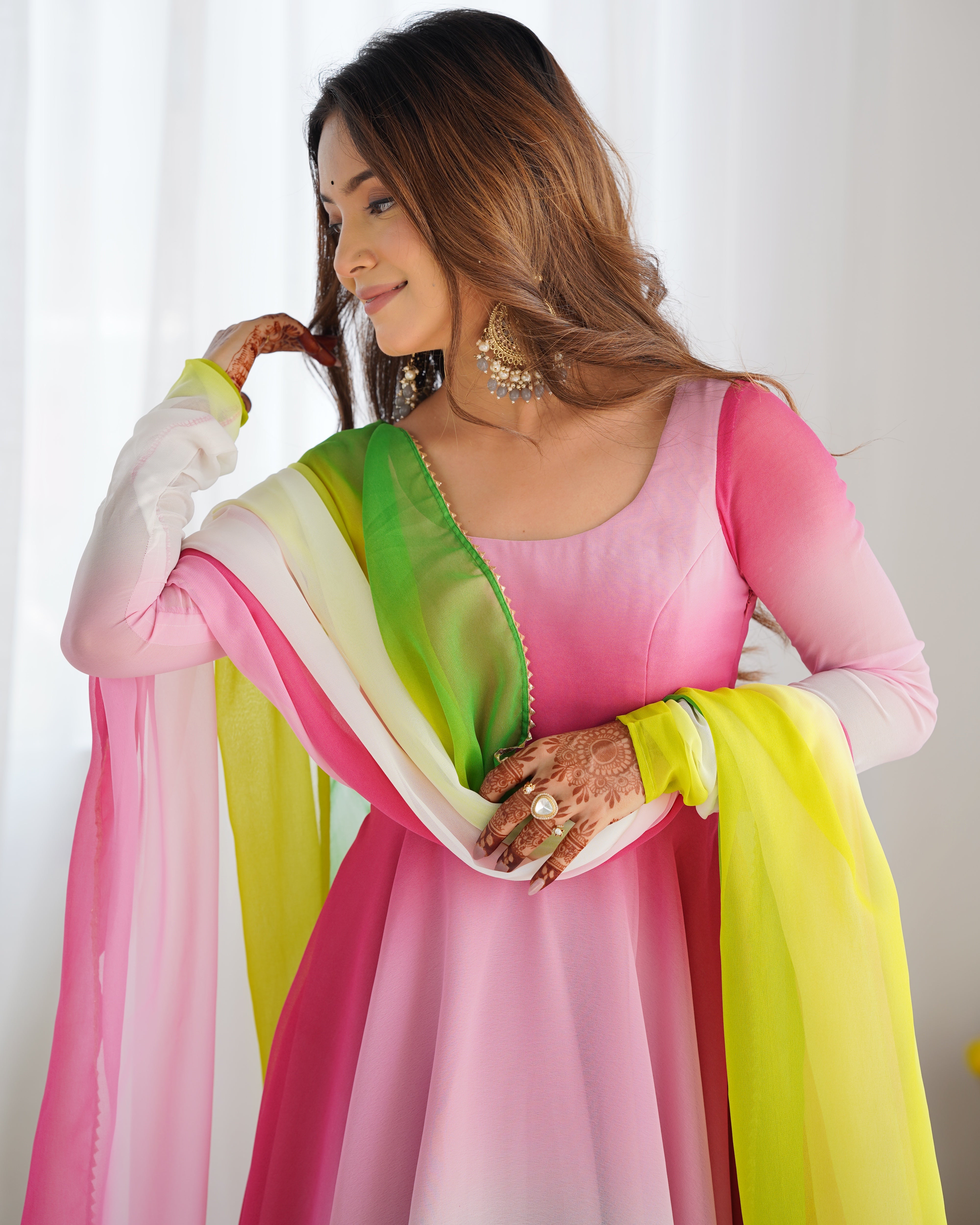 Luxuriant Peach And Pink Color Heavy Pure Soft Faux Georgette Designer Anarkali Gown