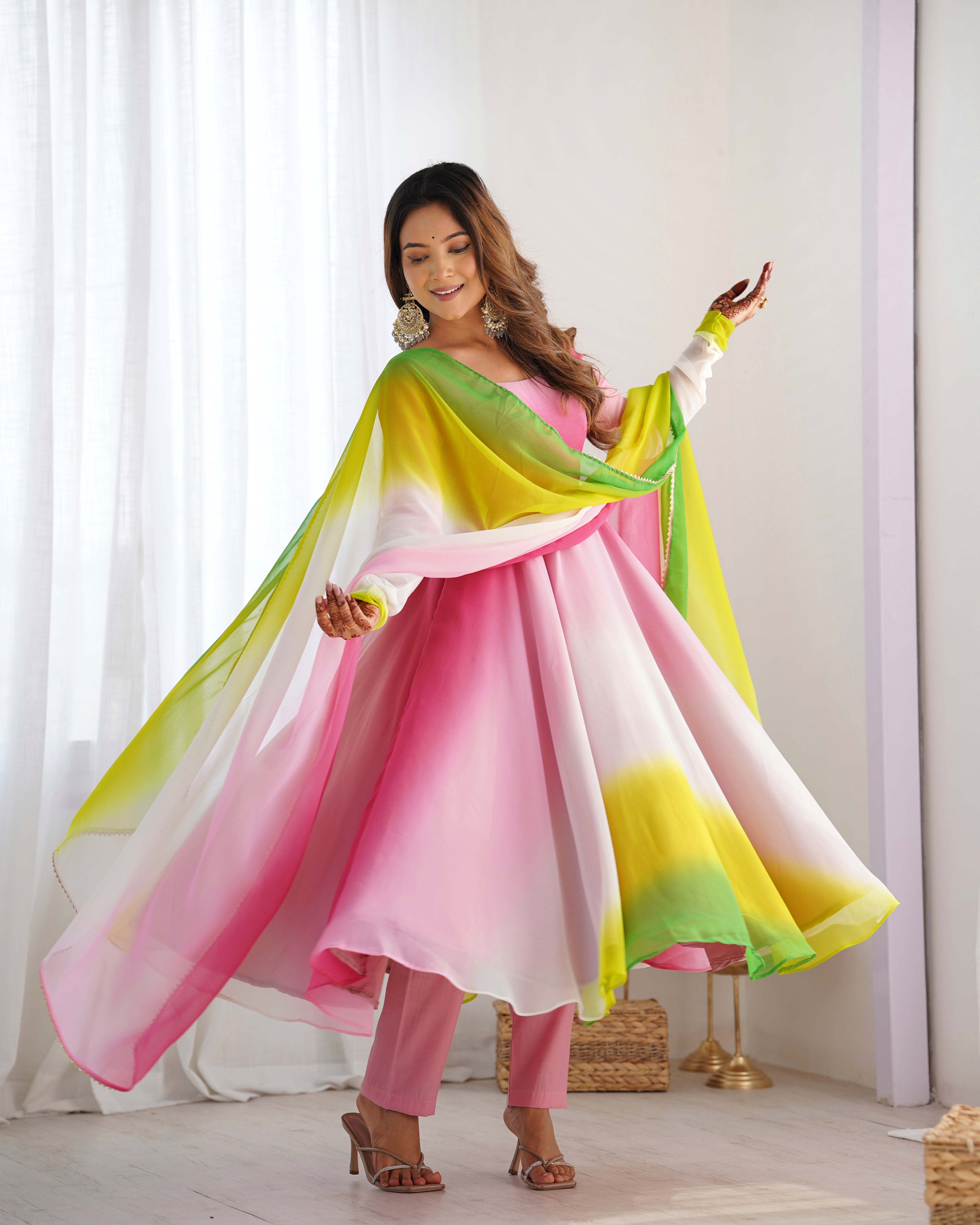 Luxuriant Peach And Pink Color Heavy Pure Soft Faux Georgette Designer Anarkali Gown