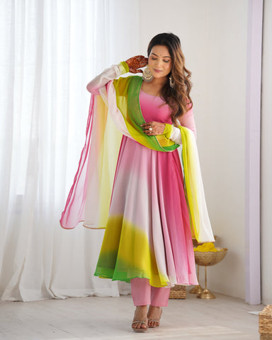 Luxuriant Peach And Pink Color Heavy Pure Soft Faux Georgette Designer Anarkali Gown