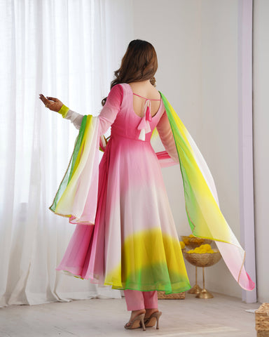 Luxuriant Peach And Pink Color Heavy Pure Soft Faux Georgette Designer Anarkali Gown