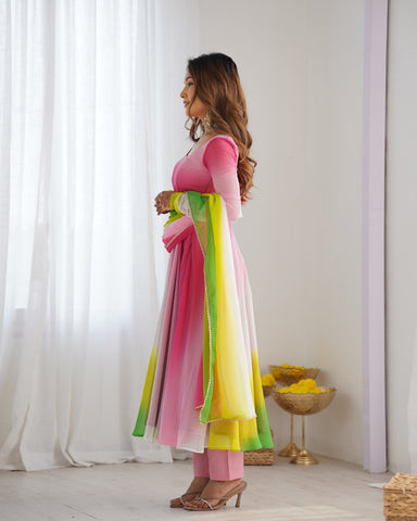 Luxuriant Peach And Pink Color Heavy Pure Soft Faux Georgette Designer Anarkali Gown