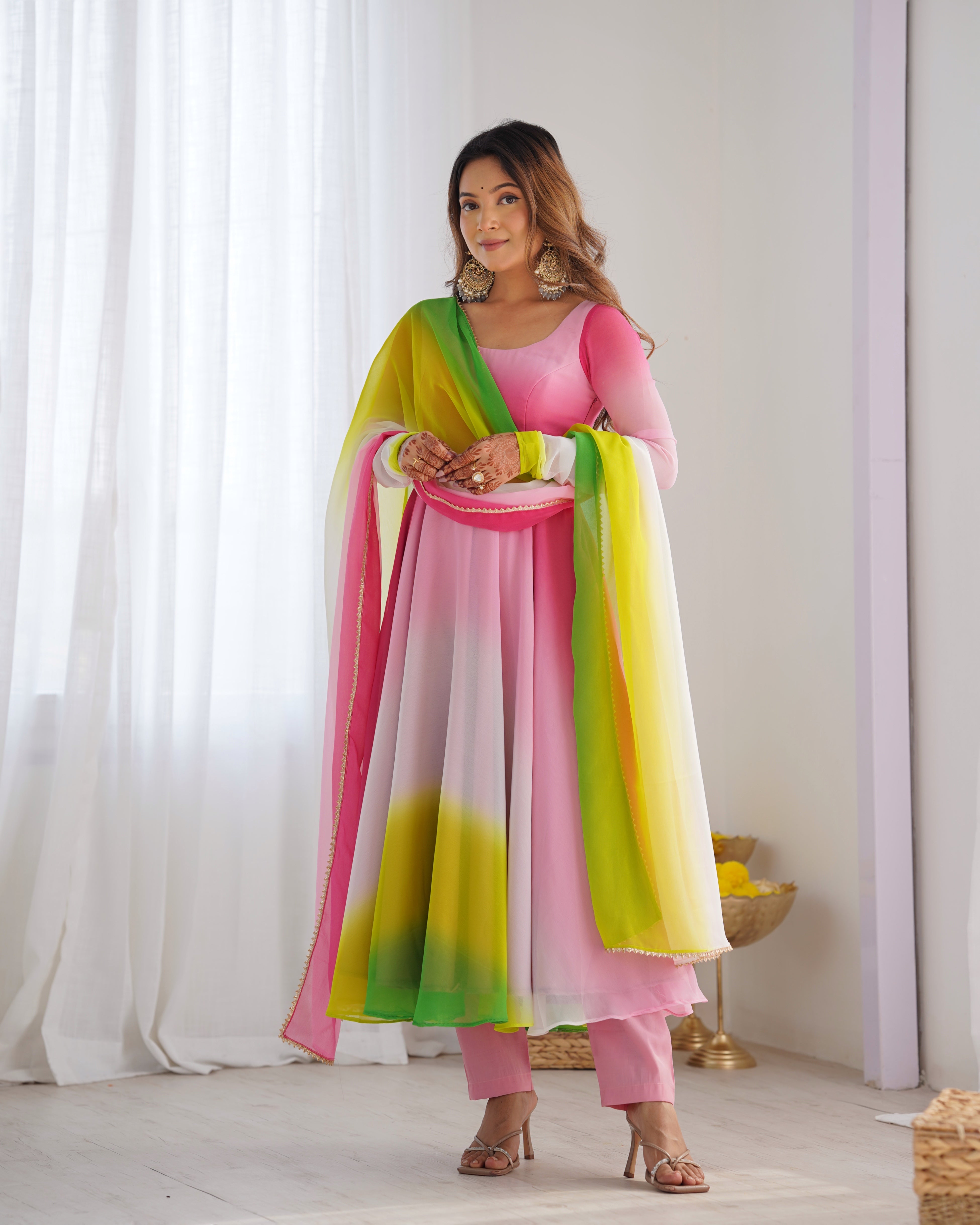 Luxuriant Peach And Pink Color Heavy Pure Soft Faux Georgette Designer Anarkali Gown