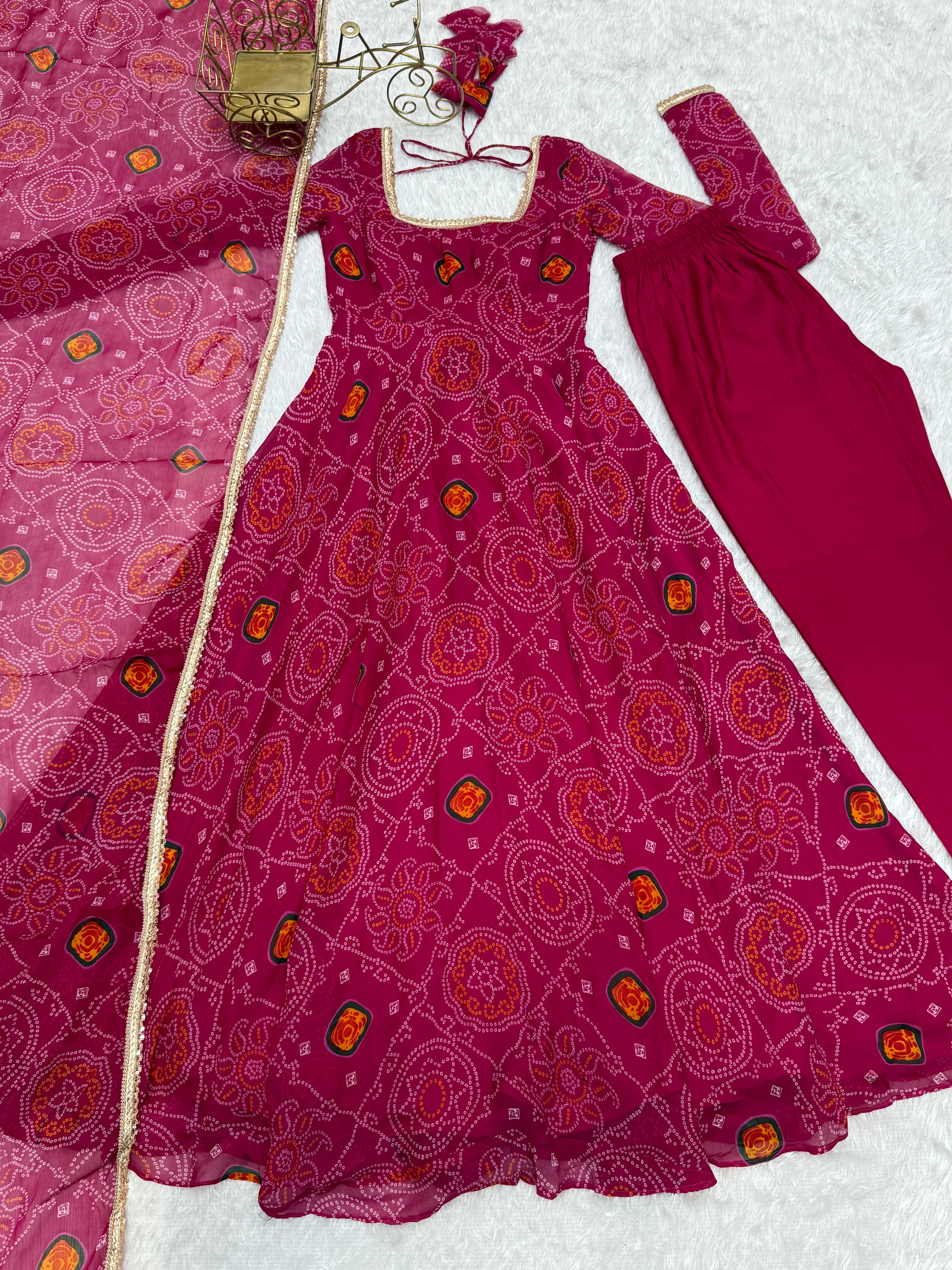 Function Wear Rani Pink Color Pure Soft Lightweight Chiffon Bandhej Fabric Designer Gown