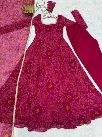Function Wear Rani Pink Color Pure Soft Lightweight Chiffon Bandhej Fabric Designer Gown