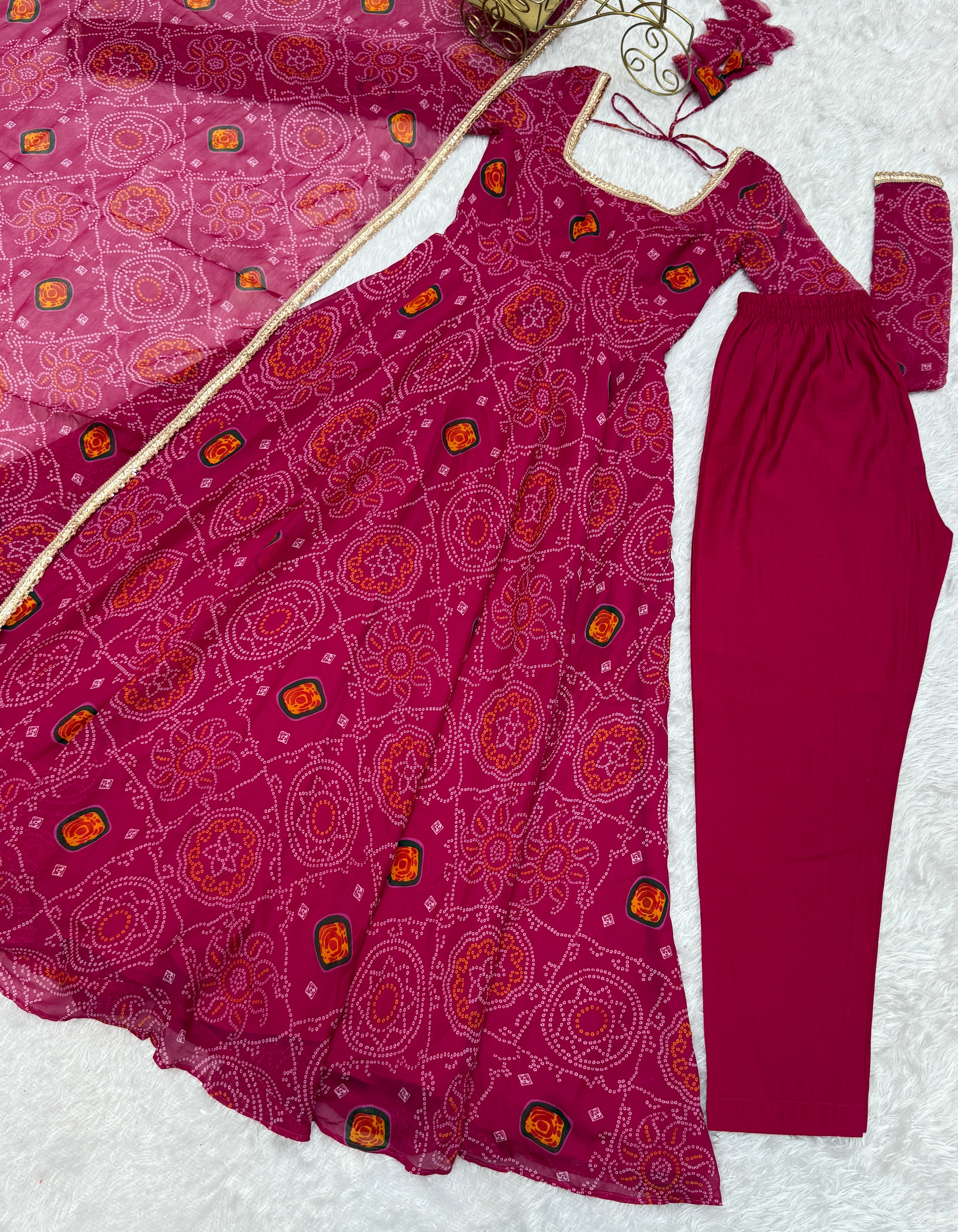 Function Wear Rani Pink Color Pure Soft Lightweight Chiffon Bandhej Fabric Designer Gown