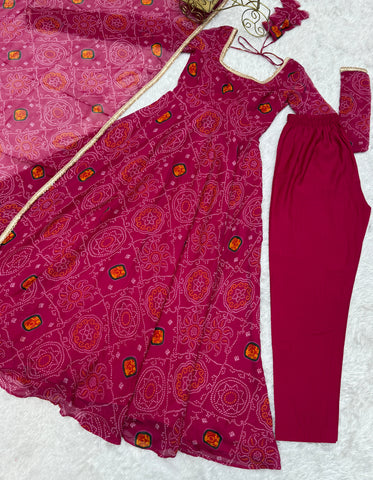 Function Wear Rani Pink Color Pure Soft Lightweight Chiffon Bandhej Fabric Designer Gown