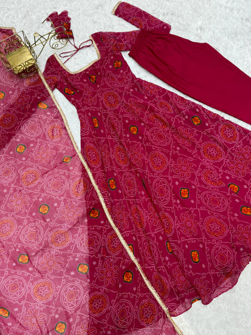 Function Wear Rani Pink Color Pure Soft Lightweight Chiffon Bandhej Fabric Designer Gown