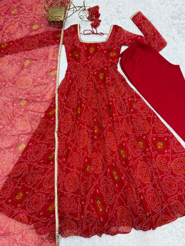 Function Wear Red Color Pure Soft Lightweight Chiffon Bandhej Fabric Designer Gown