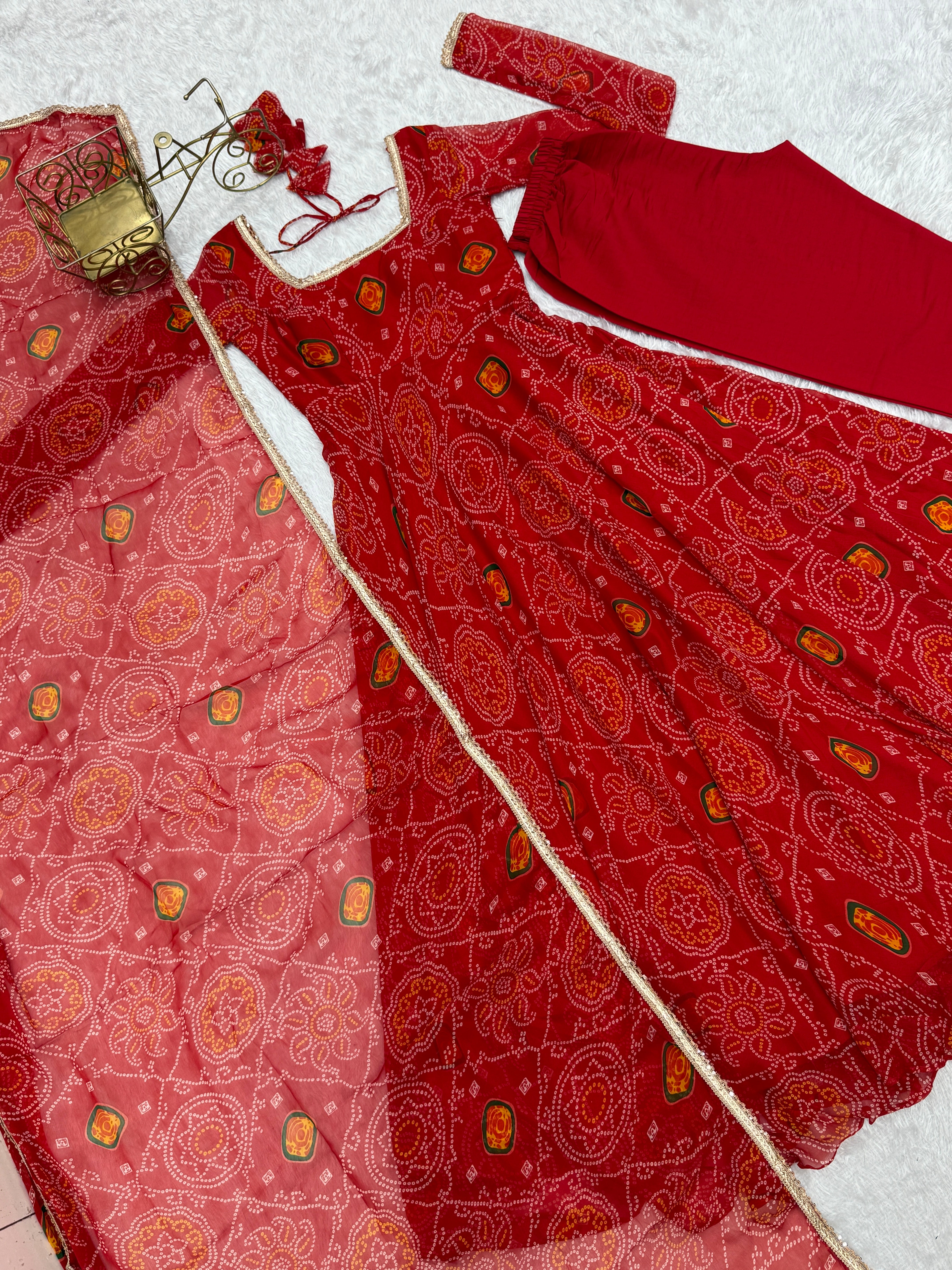 Function Wear Red Color Pure Soft Lightweight Chiffon Bandhej Fabric Designer Gown
