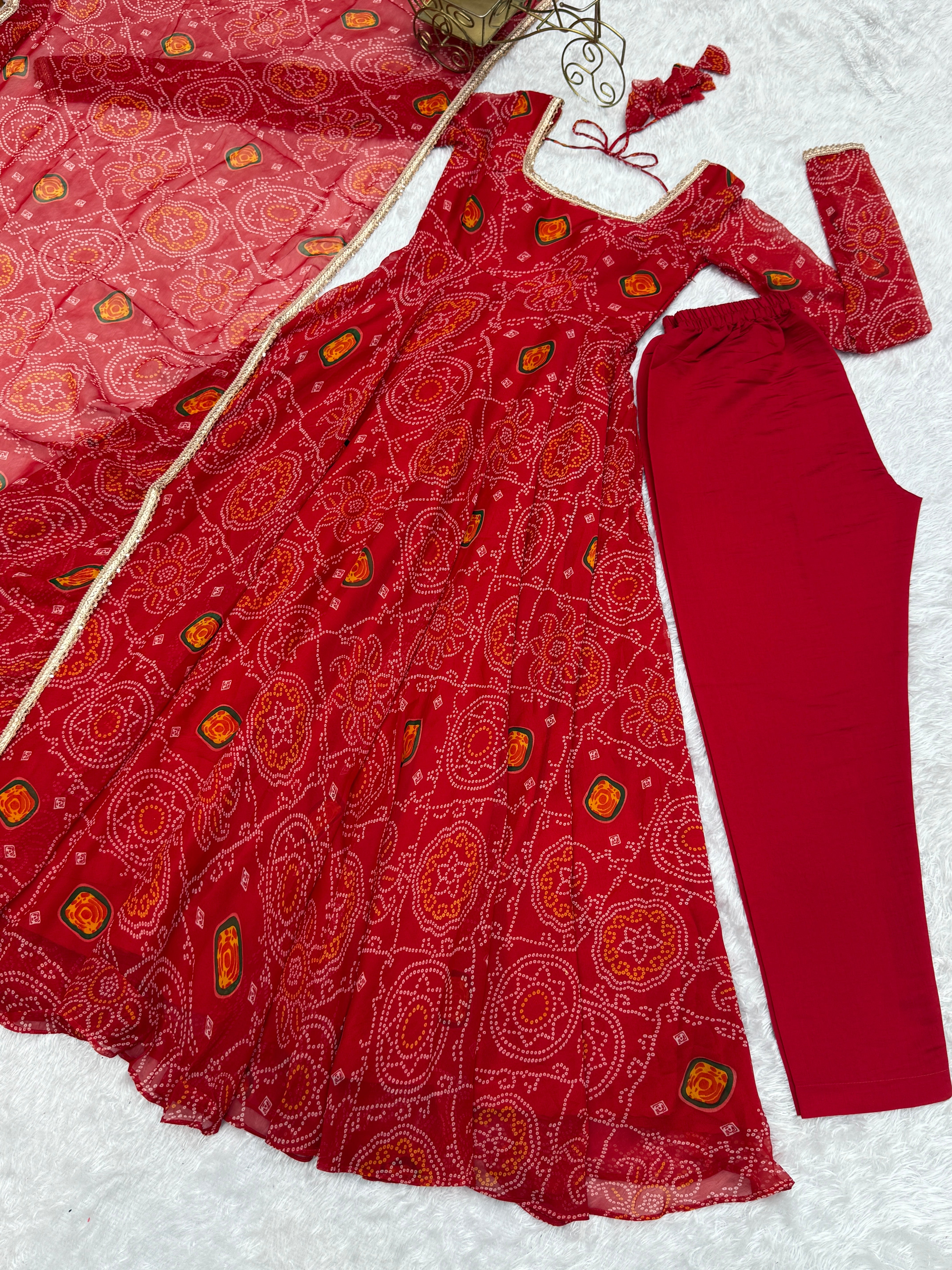 Function Wear Red Color Pure Soft Lightweight Chiffon Bandhej Fabric Designer Gown