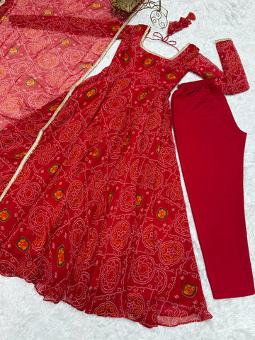 Function Wear Red Color Pure Soft Lightweight Chiffon Bandhej Fabric Designer Gown
