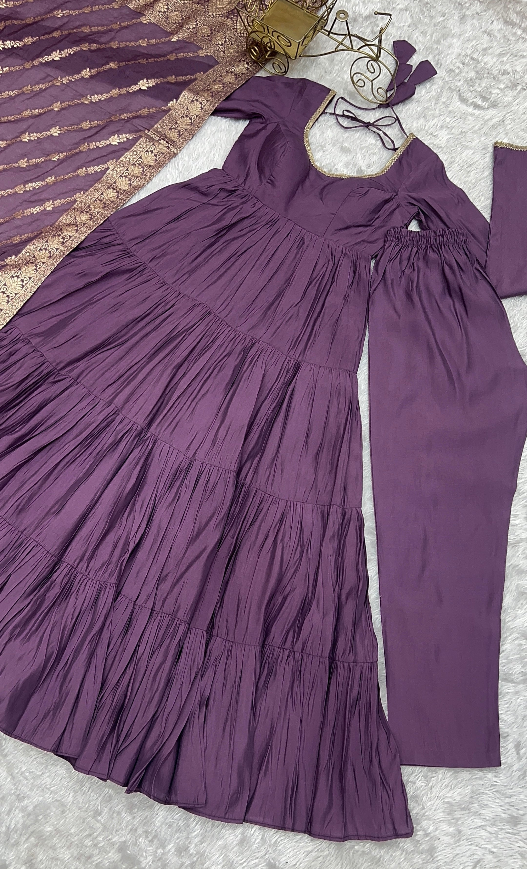 Blissful Purple Color Pure Roman Silk Chanderi Fabric Fully Flair Anarkali Gown With Dupatta