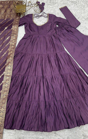 Blissful Purple Color Pure Roman Silk Chanderi Fabric Fully Flair Anarkali Gown With Dupatta