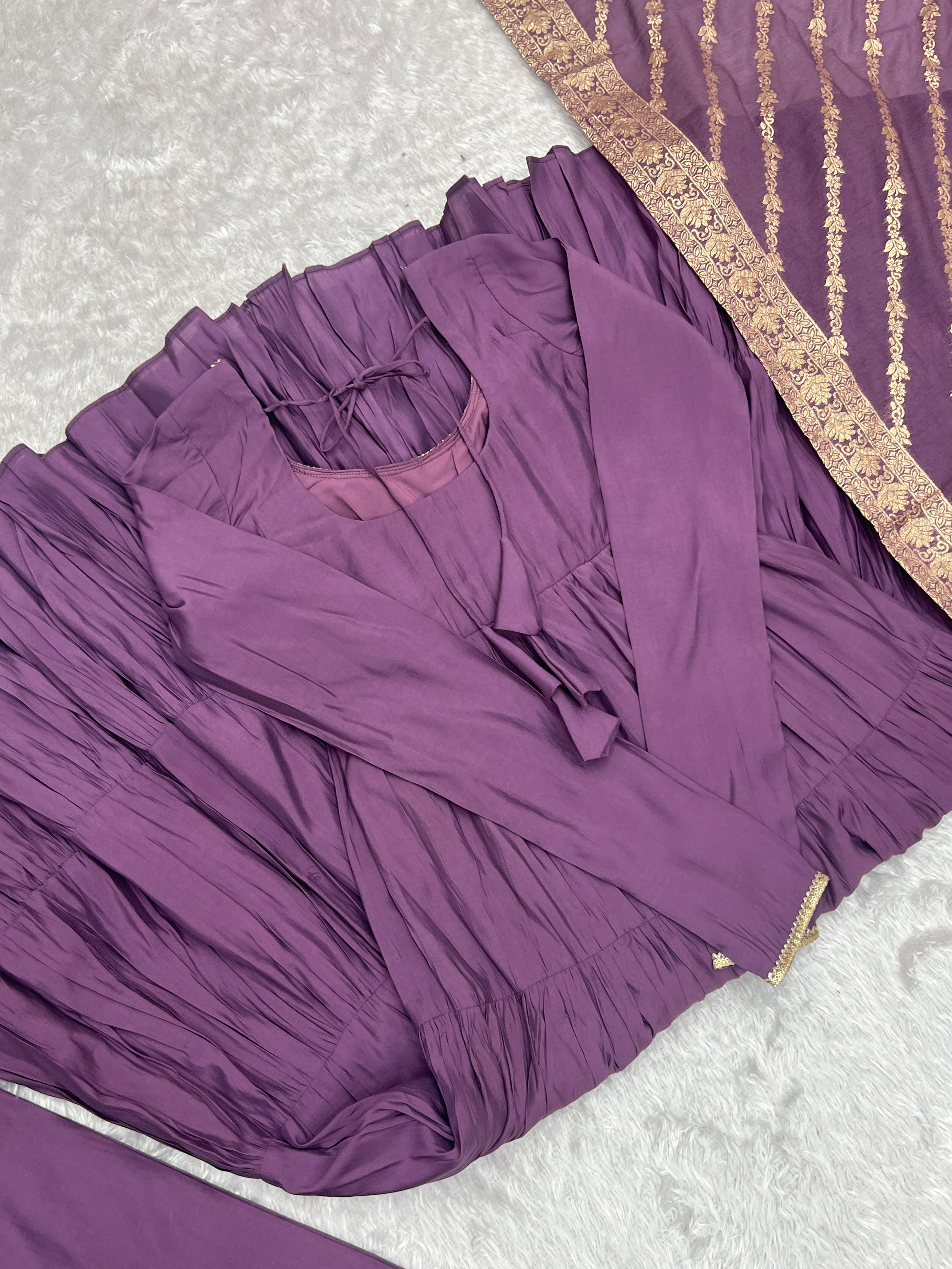 Blissful Purple Color Pure Roman Silk Chanderi Fabric Fully Flair Anarkali Gown With Dupatta