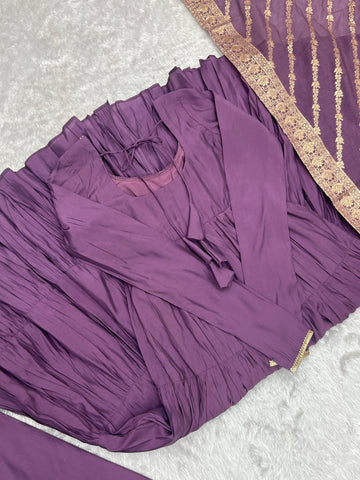 Blissful Purple Color Pure Roman Silk Chanderi Fabric Fully Flair Anarkali Gown With Dupatta