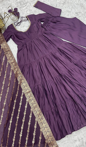 Blissful Purple Color Pure Roman Silk Chanderi Fabric Fully Flair Anarkali Gown With Dupatta