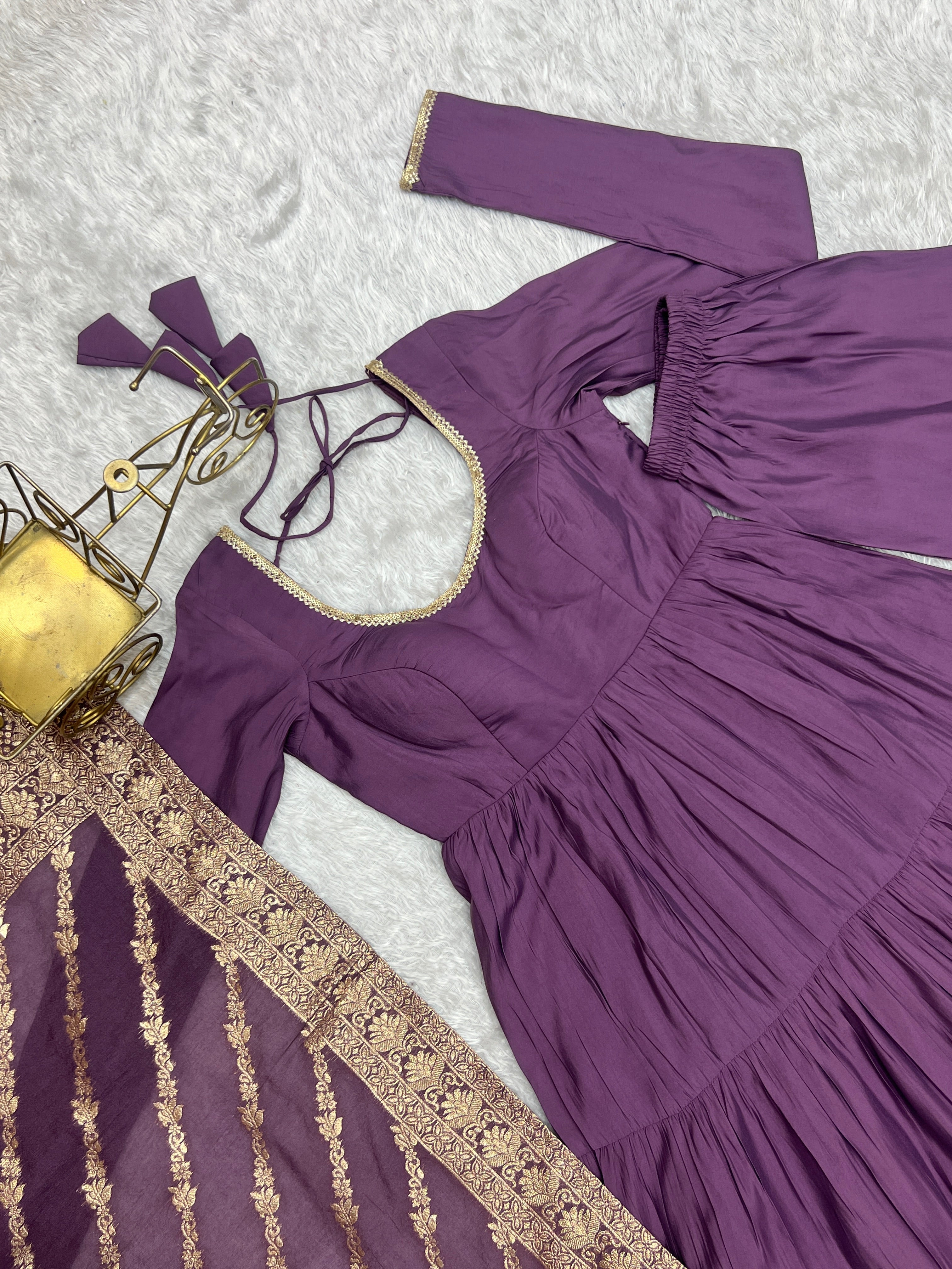 Blissful Purple Color Pure Roman Silk Chanderi Fabric Fully Flair Anarkali Gown With Dupatta