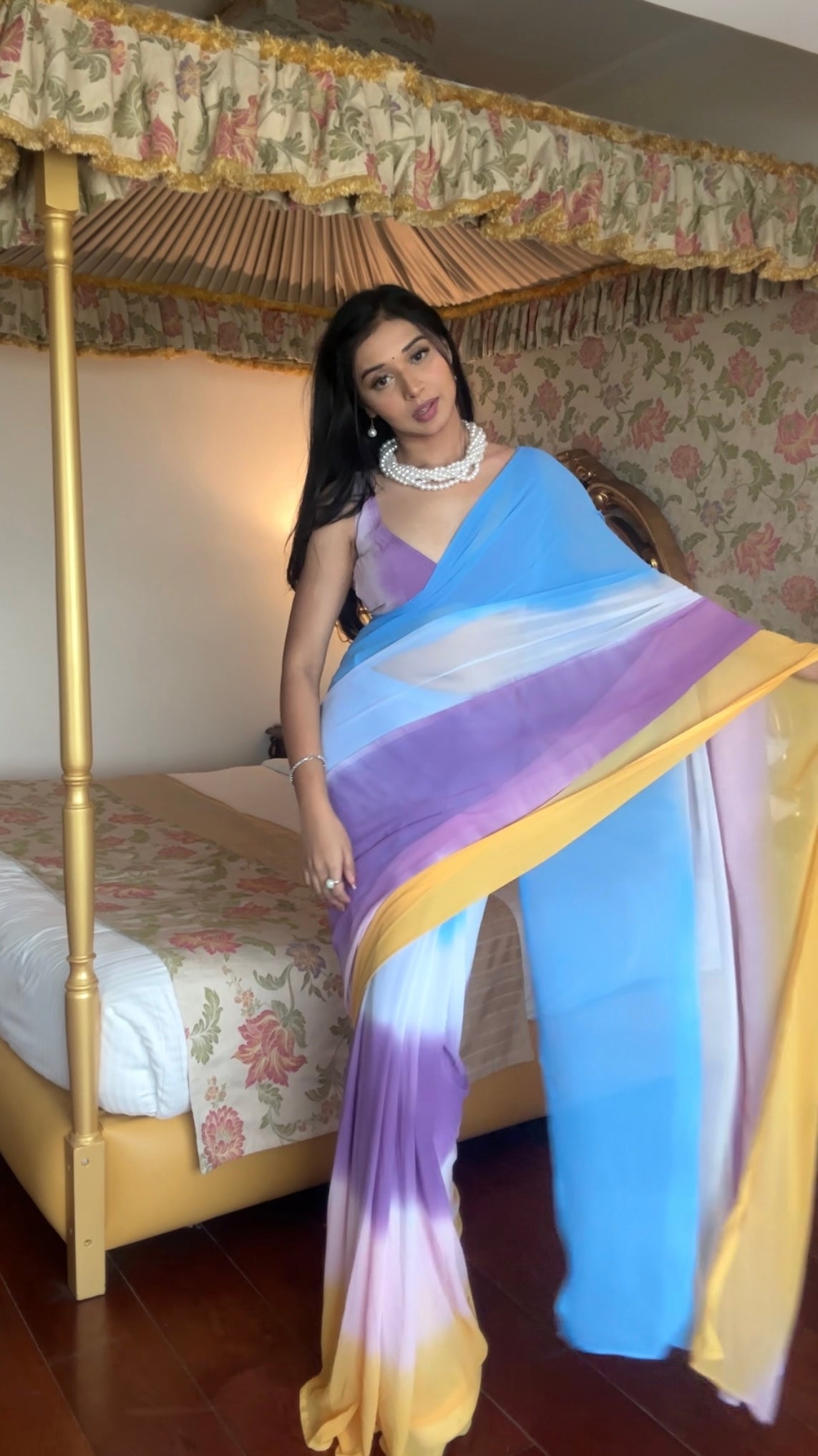 Sky Blue And Purple Ready To Wear Double Tone Saree