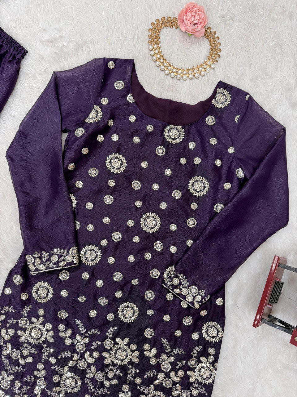 Ceremony Wear Purple Star Georgette Thread With Sequence Work Sharara Suit