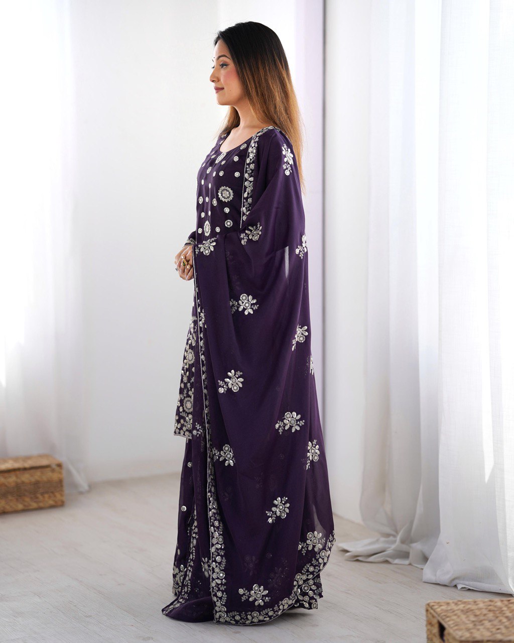 Ceremony Wear Purple Star Georgette Thread With Sequence Work Sharara Suit