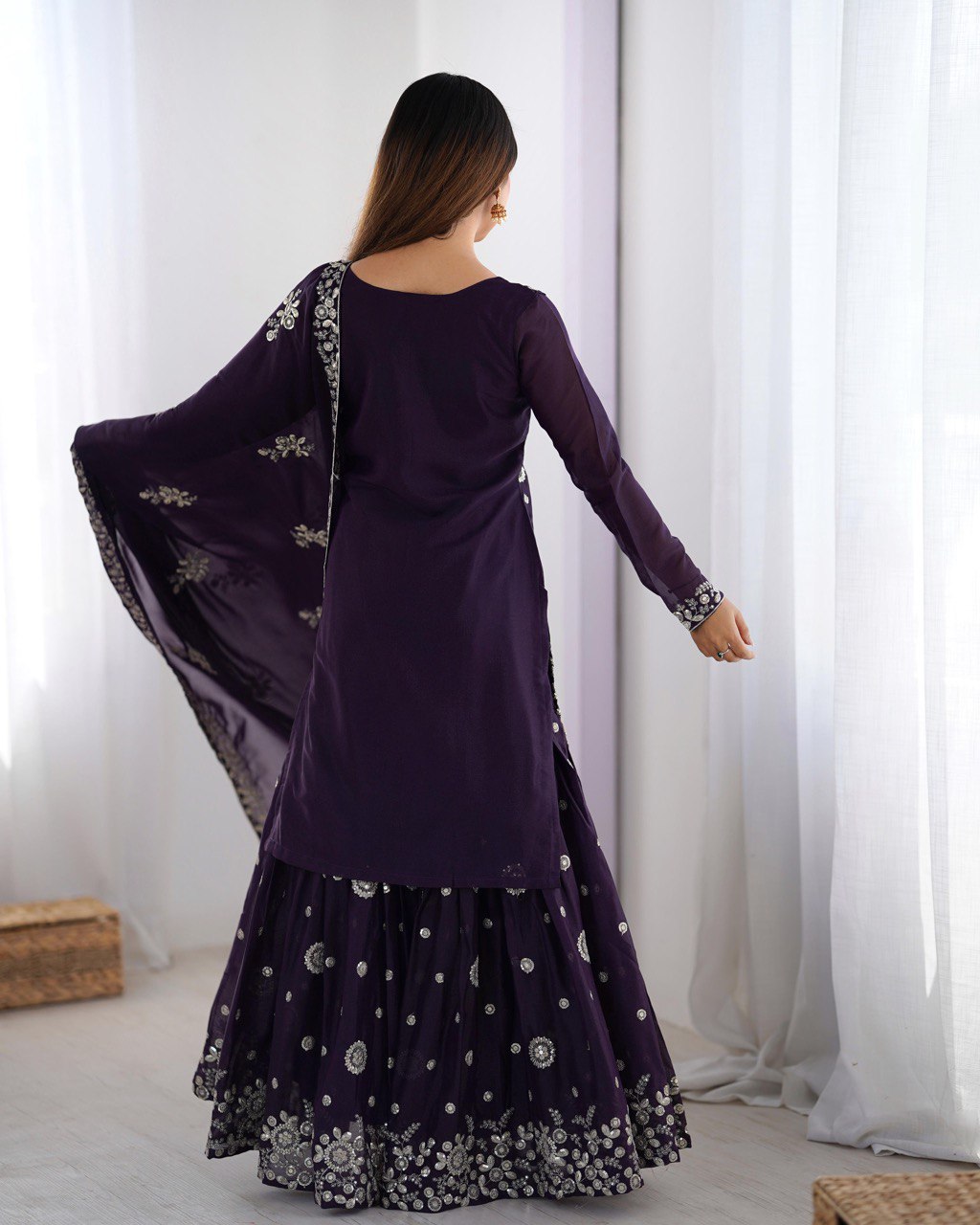 Ceremony Wear Purple Star Georgette Thread With Sequence Work Sharara Suit
