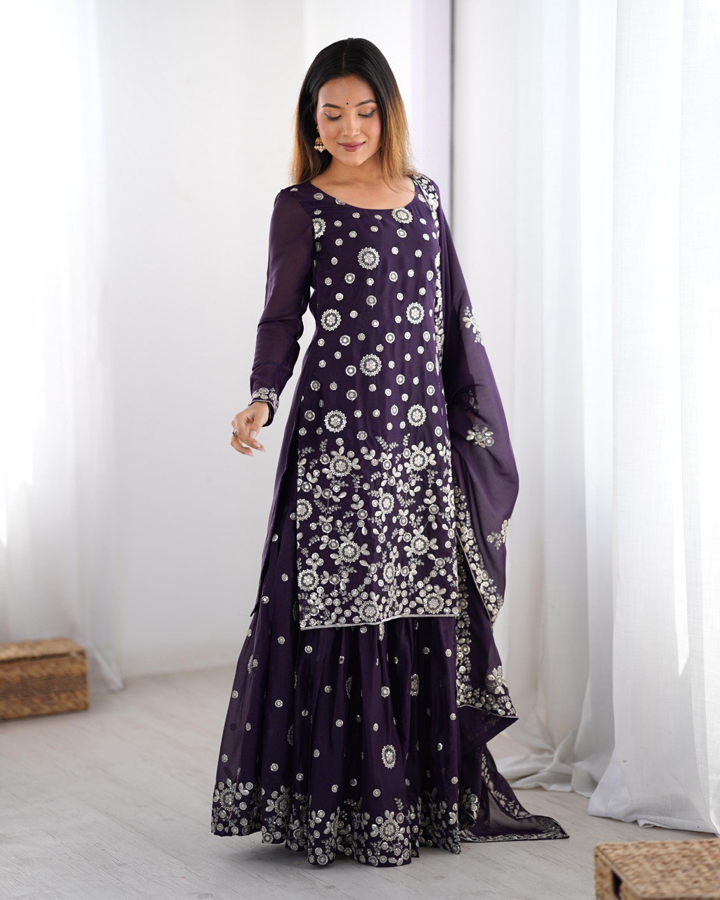Ceremony Wear Purple Star Georgette Thread With Sequence Work Sharara Suit