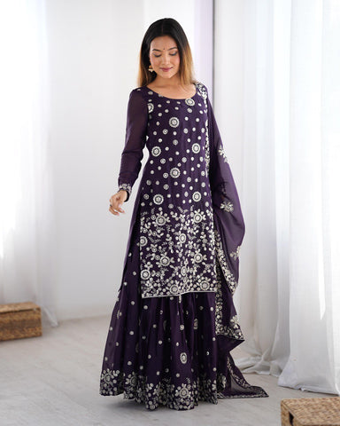 Ceremony Wear Purple Star Georgette Thread With Sequence Work Sharara Suit