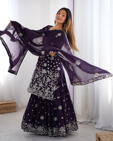 Ceremony Wear Purple Star Georgette Thread With Sequence Work Sharara Suit