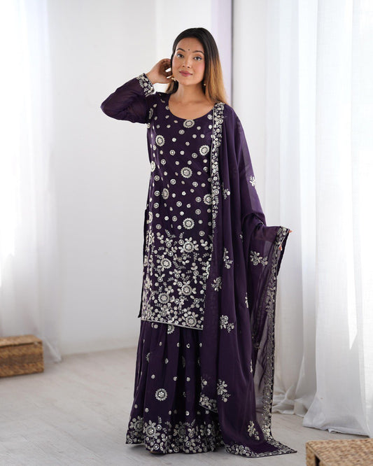Ceremony Wear Purple Star Georgette Thread With Sequence Work Sharara Suit