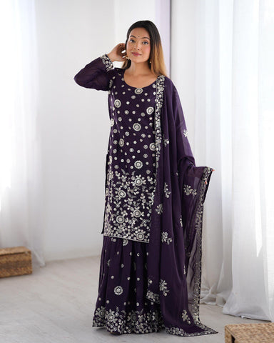 Ceremony Wear Purple Star Georgette Thread With Sequence Work Sharara Suit