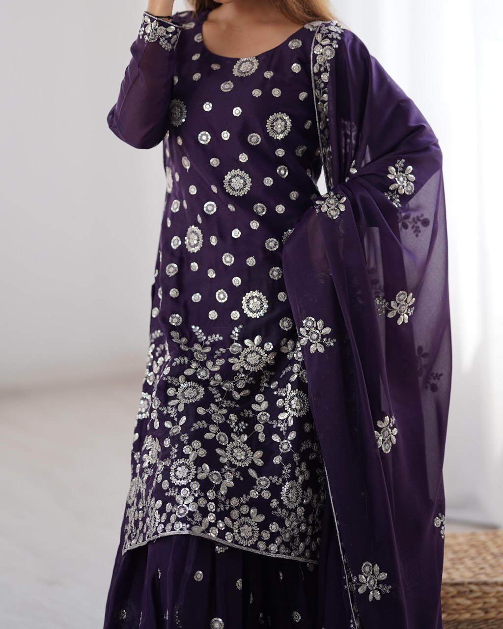 Ceremony Wear Purple Star Georgette Thread With Sequence Work Sharara Suit