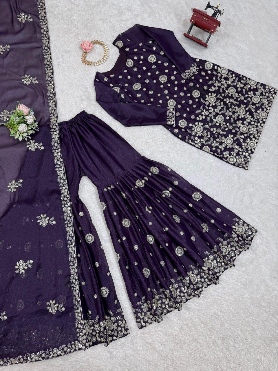 Ceremony Wear Purple Star Georgette Thread With Sequence Work Sharara Suit