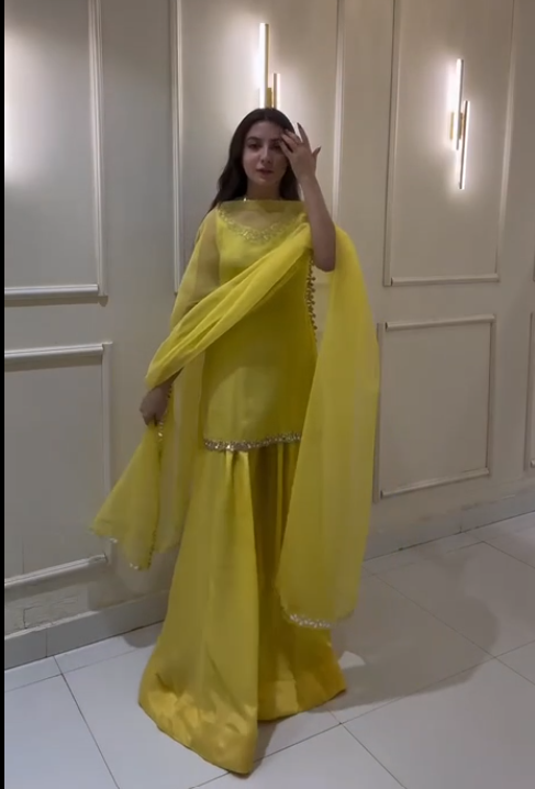 Haldi special Yellow Color Georgette Kurta With Real Mirror Work Palazzo Suit