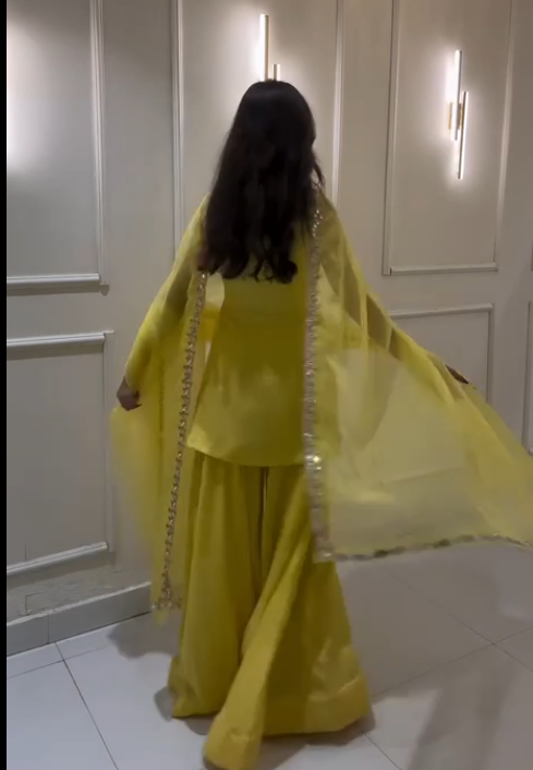 Haldi special Yellow Color Georgette Kurta With Real Mirror Work Palazzo Suit