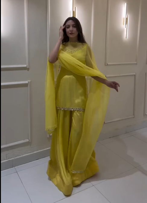 Haldi special Yellow Color Georgette Kurta With Real Mirror Work Palazzo Suit
