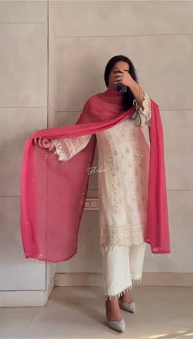 Party Wear Off White Color Embroidery And Sequin Work Salwar Suit