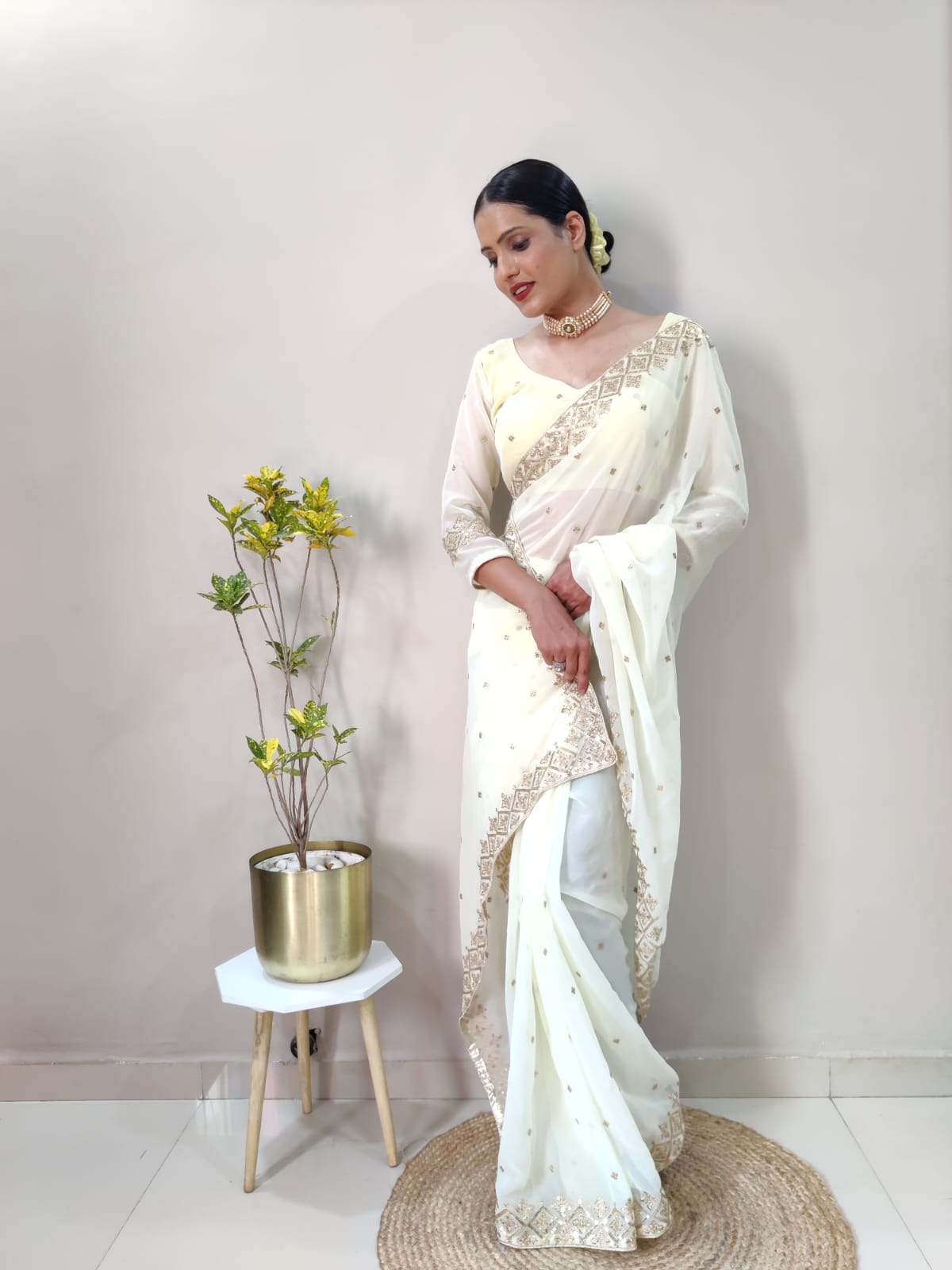 Stunning Ready To Wear White Color Saree