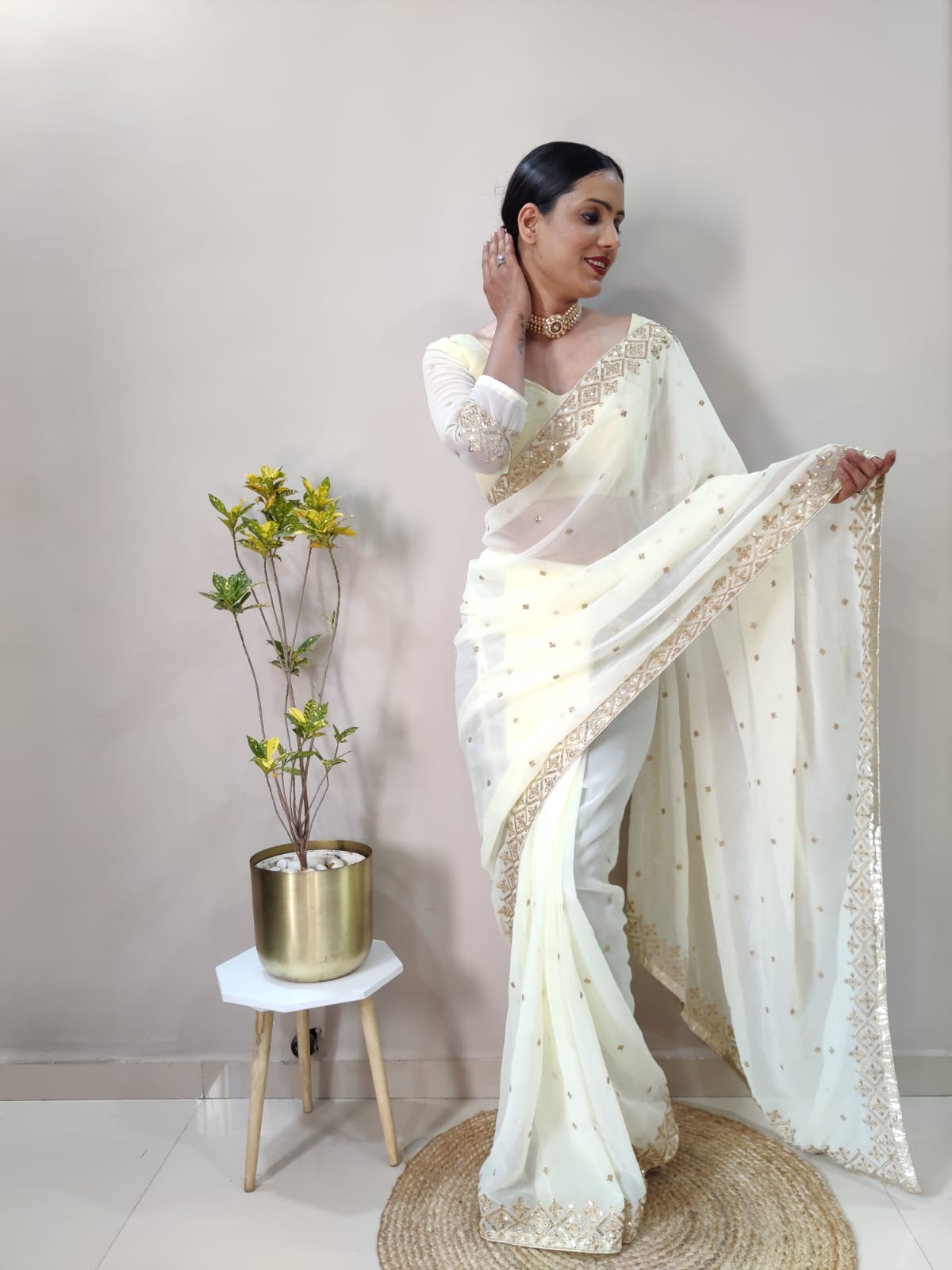 Stunning Ready To Wear White Color Saree