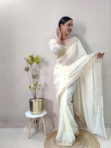 Stunning Ready To Wear White Color Saree