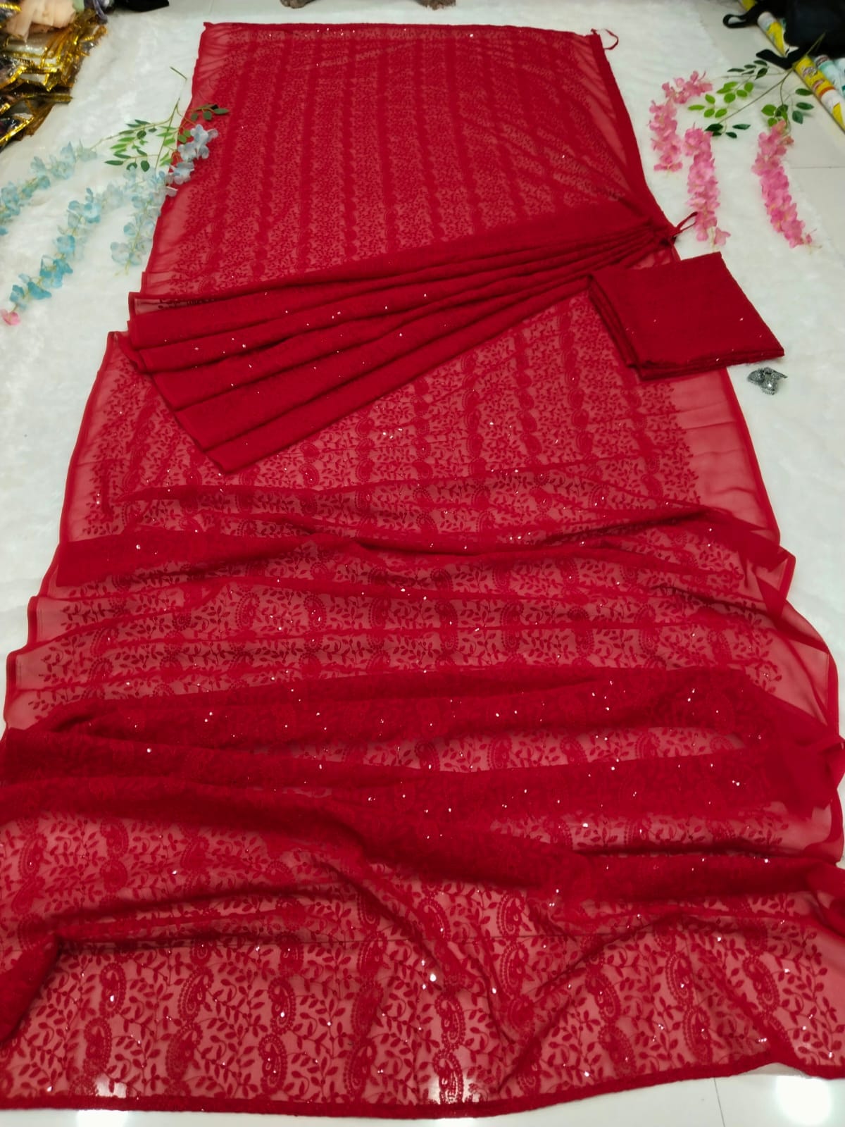 Chikankari Work Red Color Ready To Wear Saree