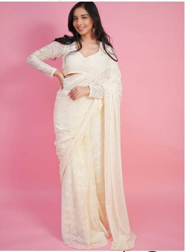 Chikankari Work White Color Ready To Wear Saree