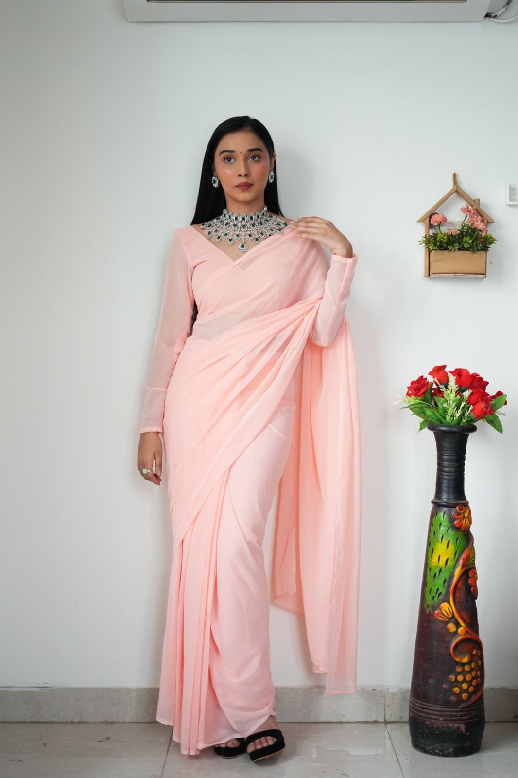 Plain Peach Color Ready To Wear Georgette Saree