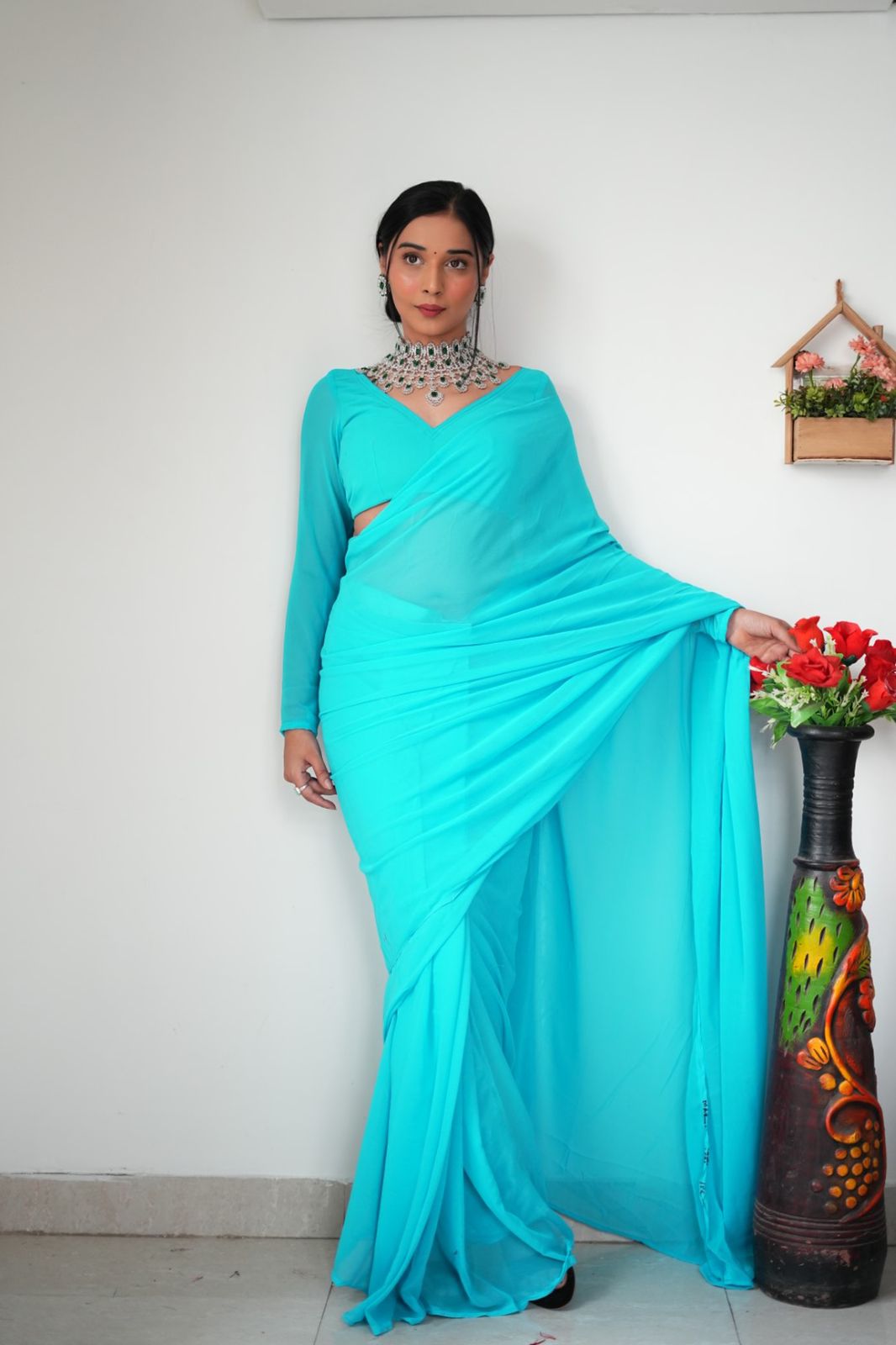 Plain Sky Blue Color Ready To Wear Georgette Saree