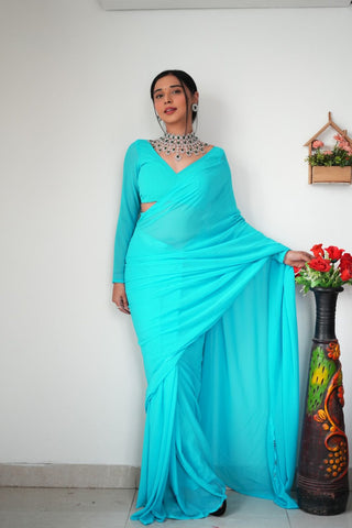 Plain Sky Blue Color Ready To Wear Georgette Saree