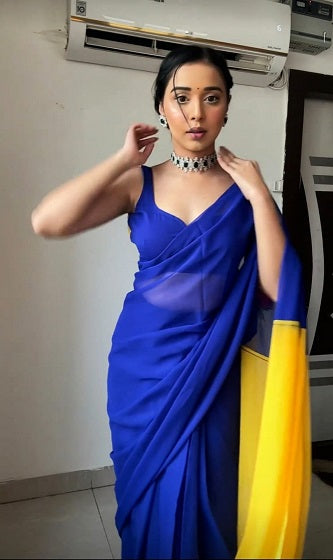 Superhit Blue With Yellow Double Color Ready To Wear Saree