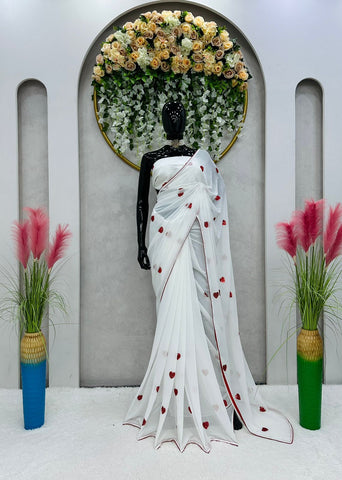 Sequence Heart Shape Work White Ready To Wear Saree