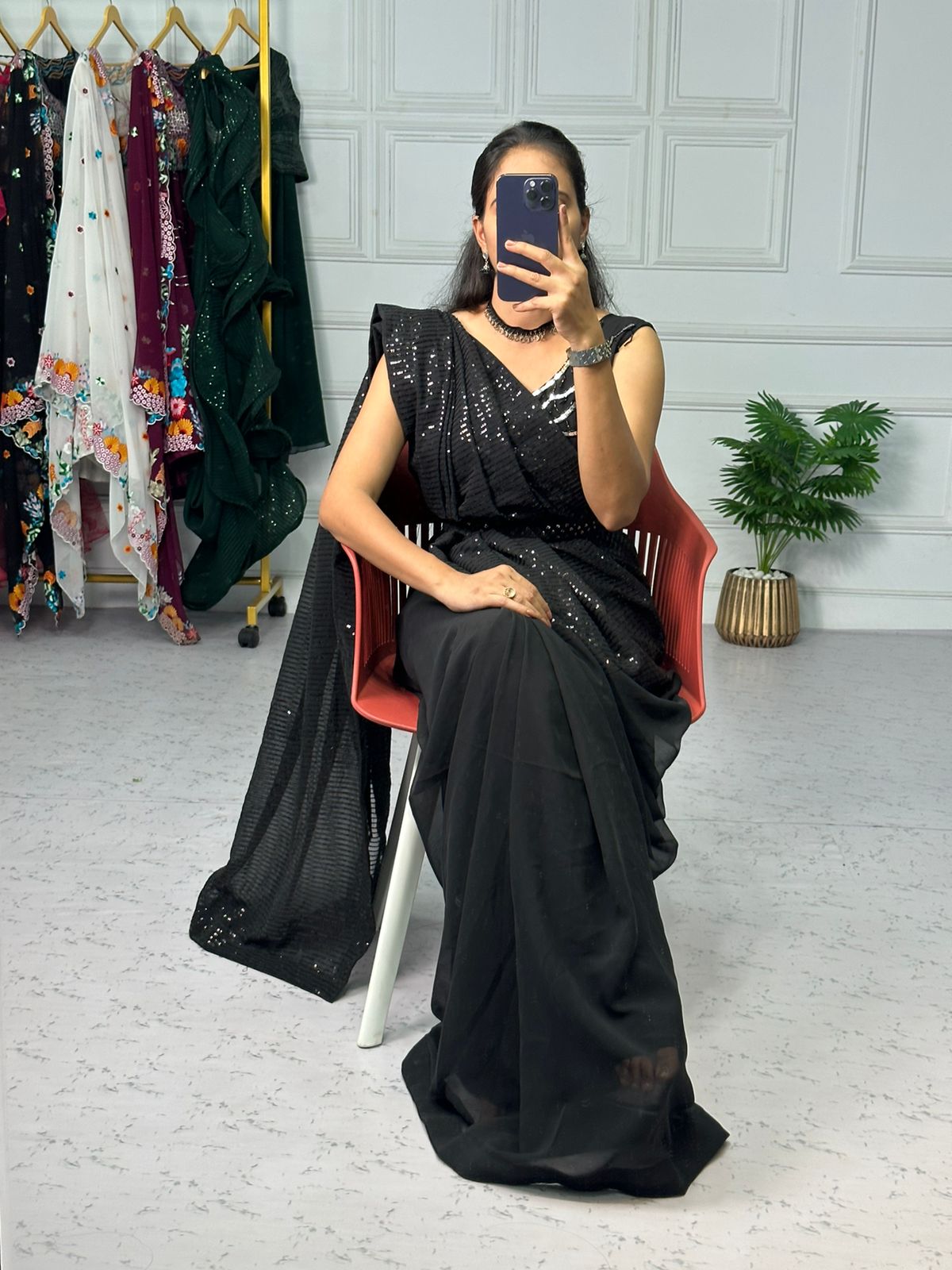 Ready To Wear Black Color Sequence Work Saree