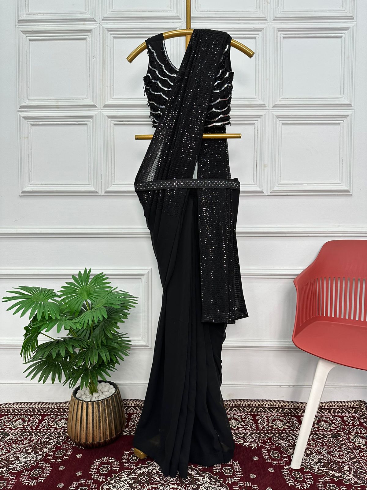 Ready To Wear Black Color Sequence Work Saree