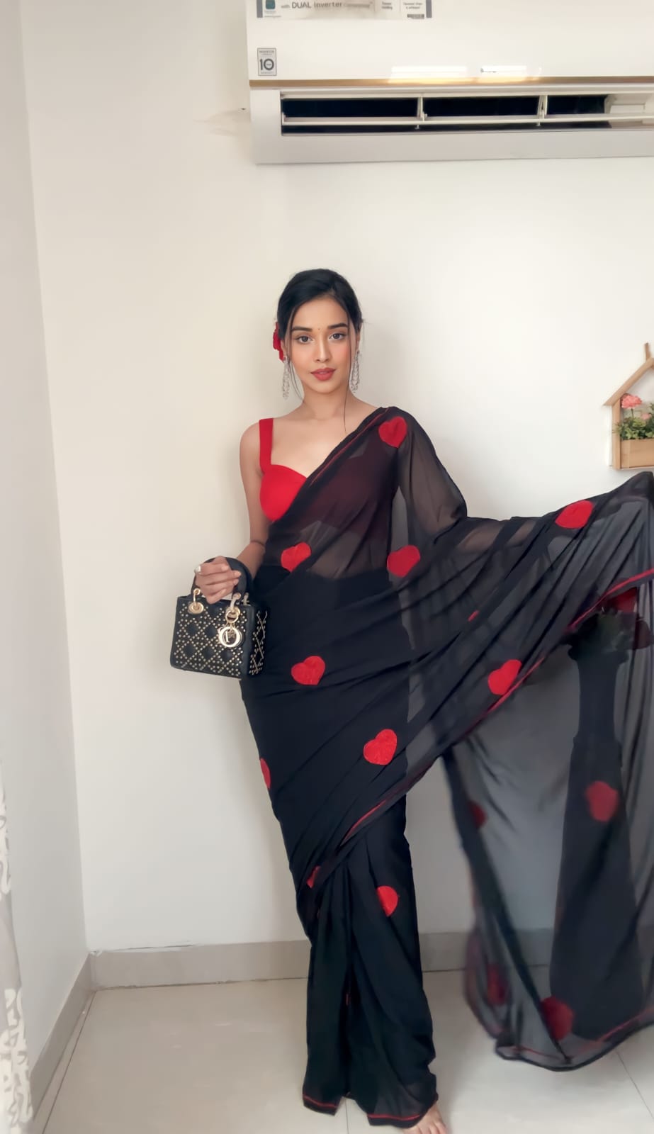 Fashionable Black Color Ready To Wear Heart Design Saree